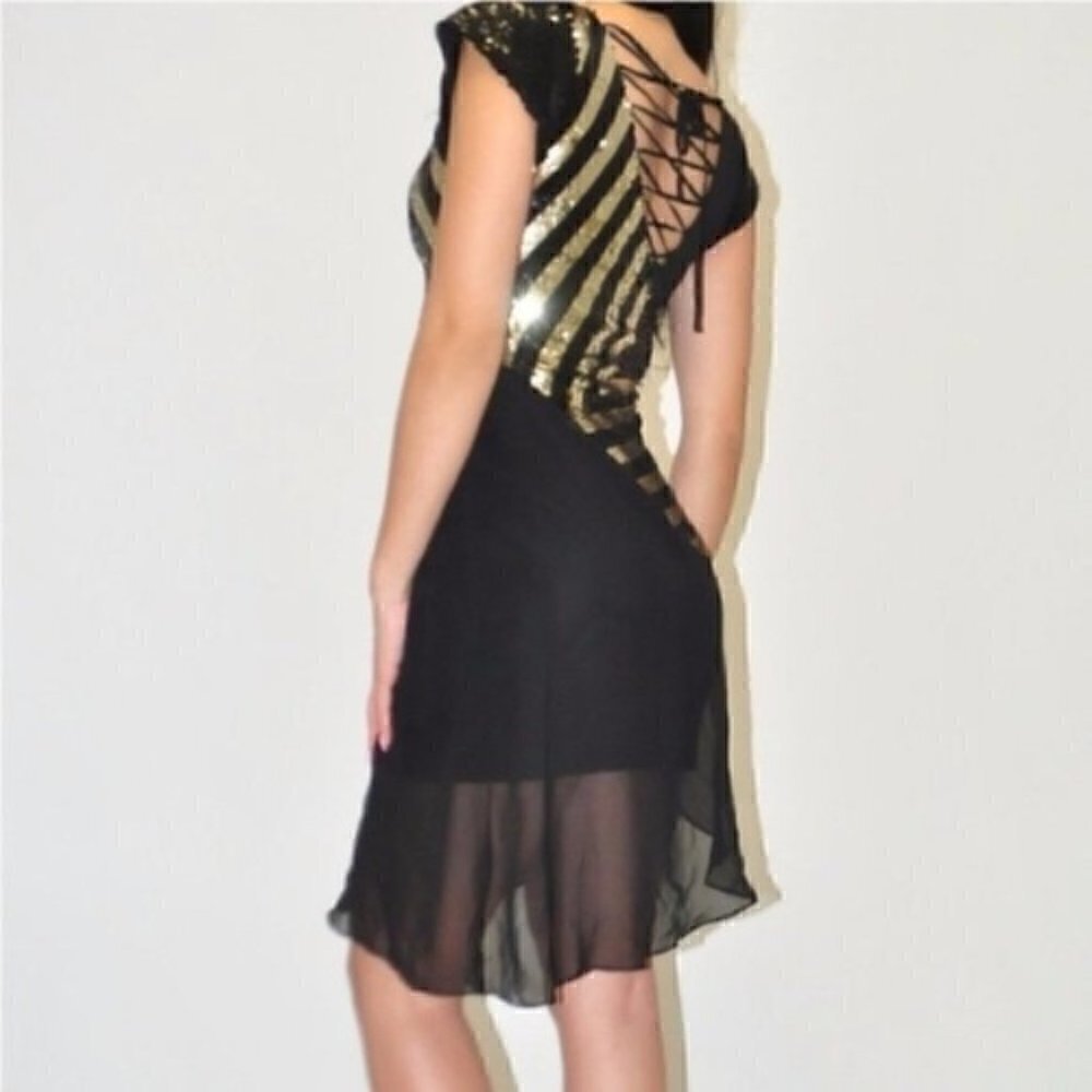 Bebe Dress S NWT Sequin Asymmetrical Sheer Lace Up Holiday New Years Gold